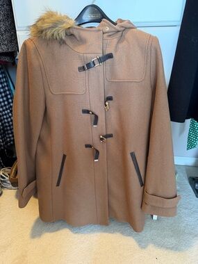 Cole Haan Camel Toggle Pea Coat with Faux Fur Trim